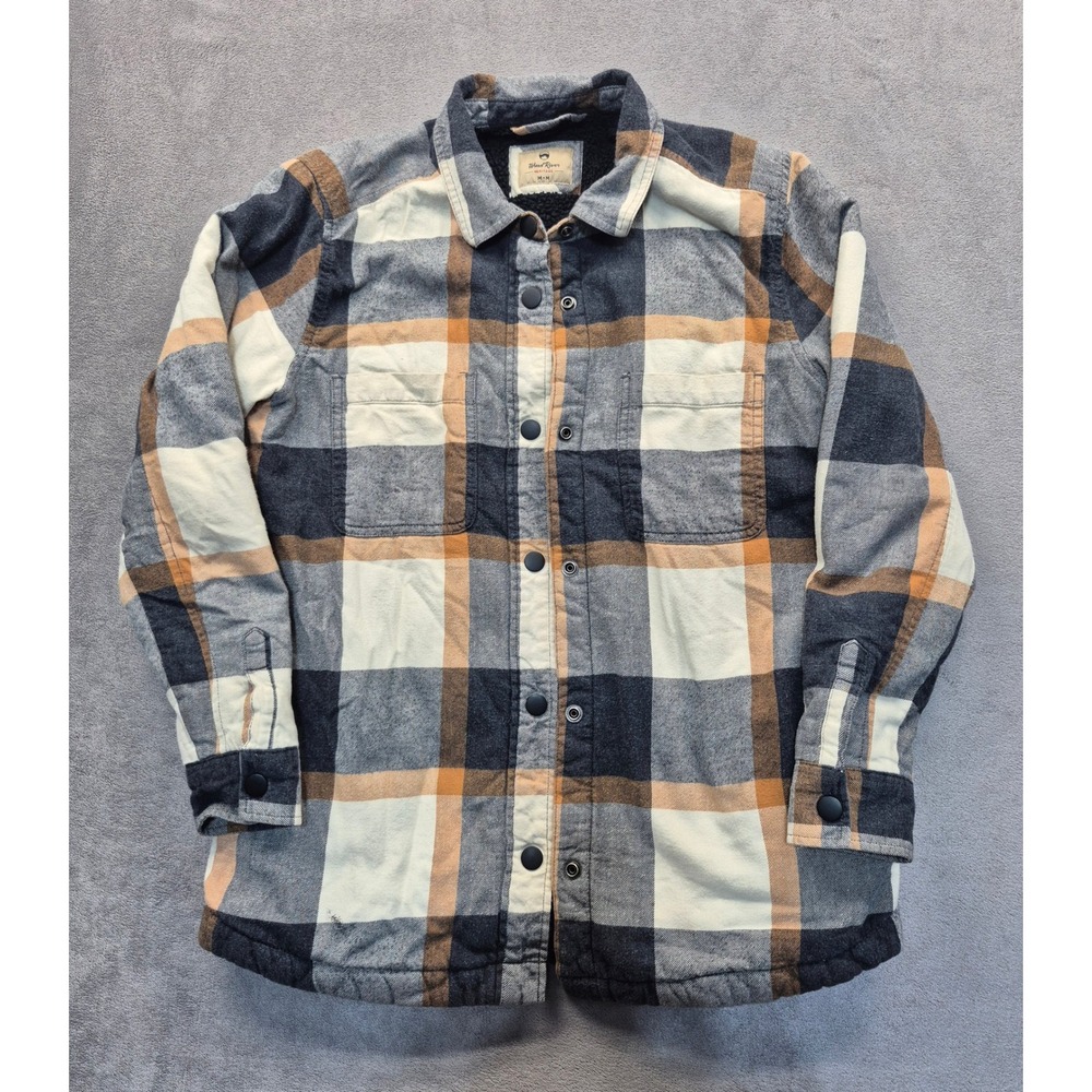 Wind River Heritage Cozy Plaid Sherpa Lined Flannel Shacket Cozy Navy Tan Mens M